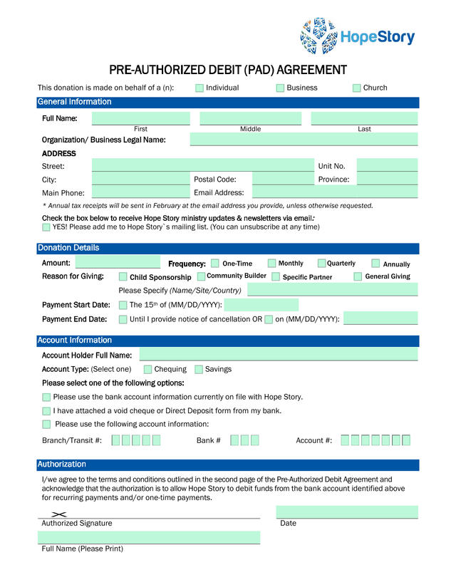 PRE AUTHORIZED DEBIT (PAD) AGREEMENT screenshot