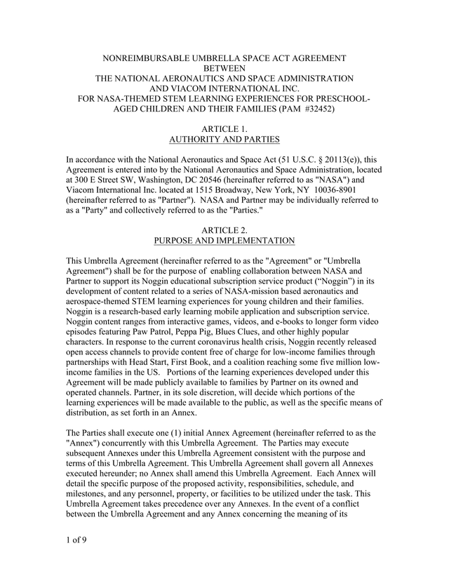Nonreimbursable Umbrella Space Act Agreement screenshot