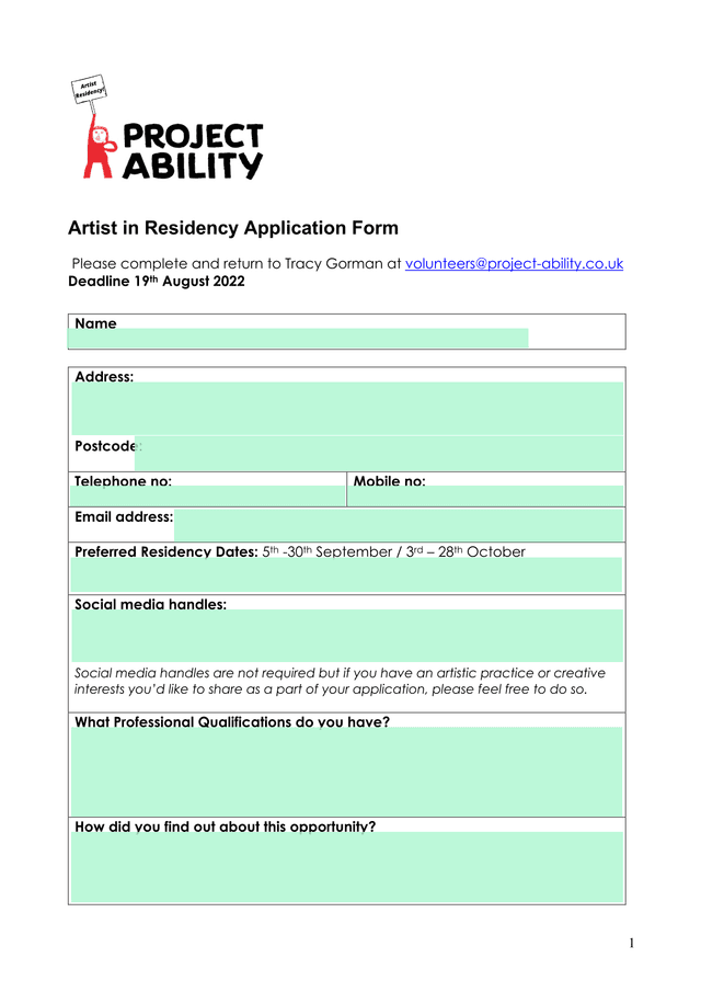 Artist In Residency Application Form screenshot