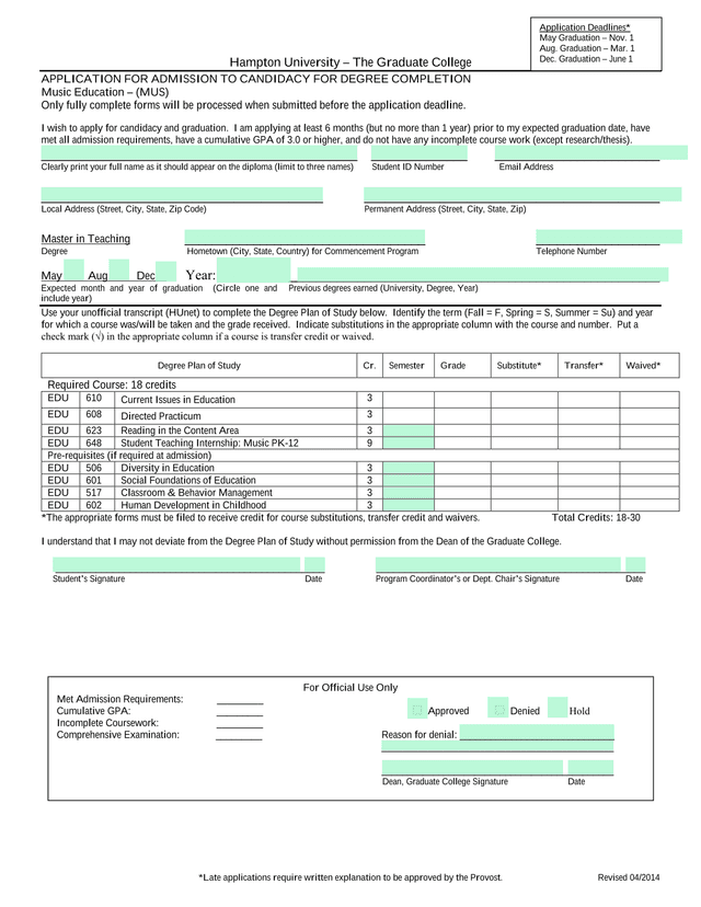 APPLICATION FOR ADMISSION TO CANDIDACY FOR DEGREE COMPLETION screenshot