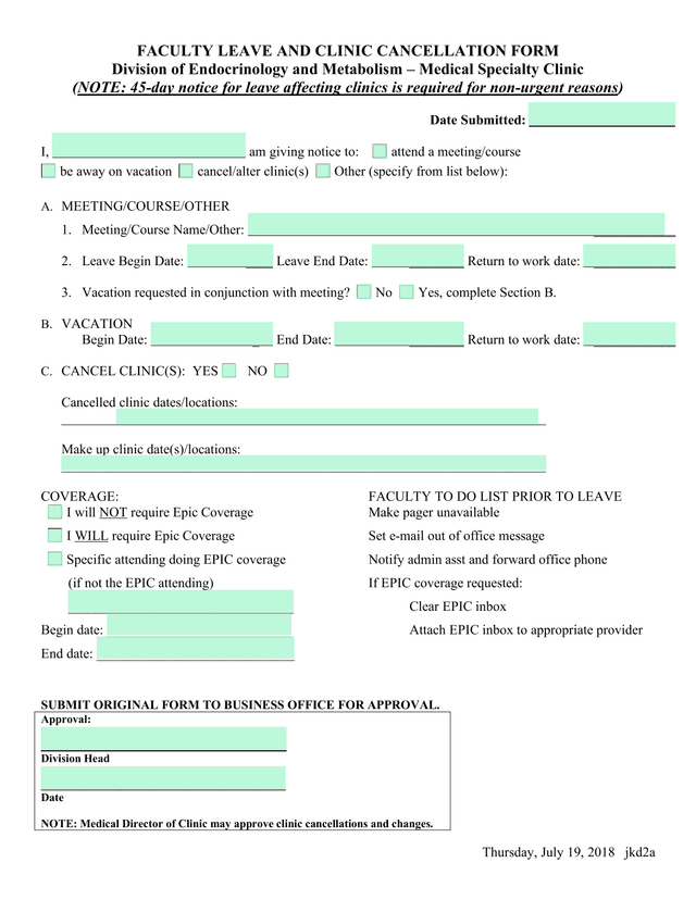 FACULTY LEAVE AND CLINIC CANCELLATION FORM screenshot