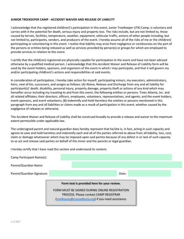 Junior Treekeeper Camp   Accident Waiver And Release Of Liability screenshot