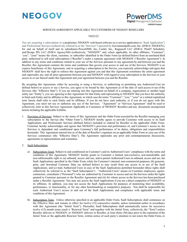 Services Agreement Applicable To Customers Of NEOGOV Resellers screenshot