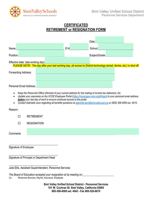 Certificated Retirement Or Resignation Form screenshot