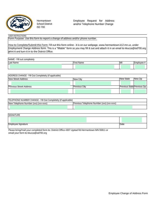 Employee Change Of Address Form screenshot