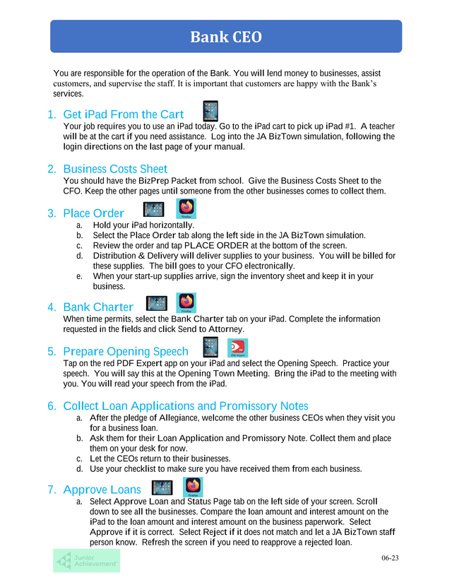 Bank Role Instructions For JA BizTown Simulation screenshot