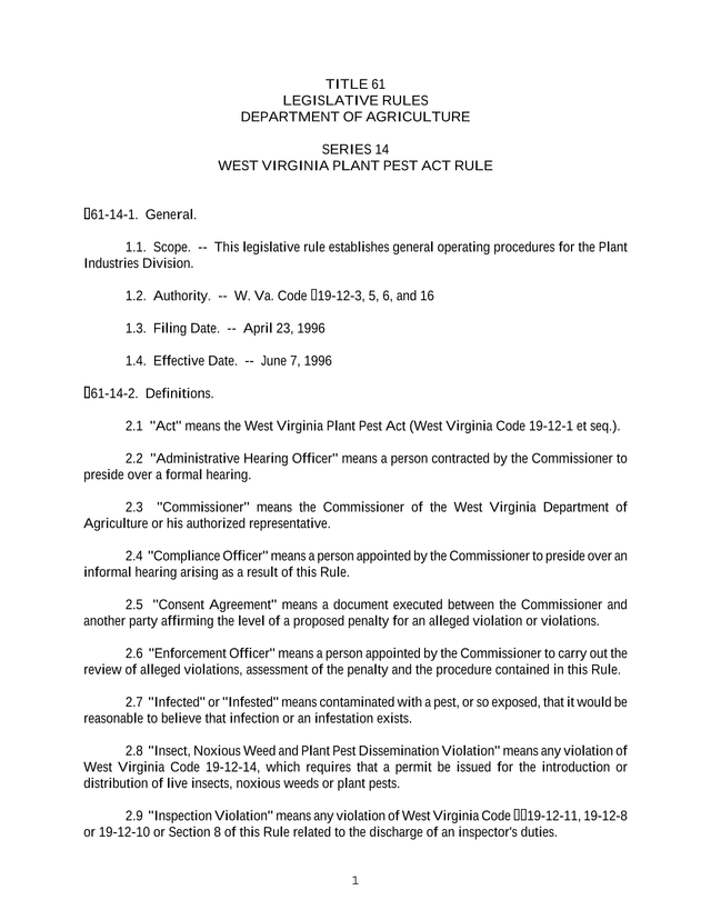 West Virginia Plant Pest Act Rule screenshot