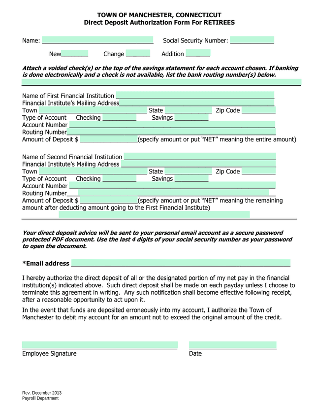 Direct Deposit Authorization Form For RETIREES screenshot