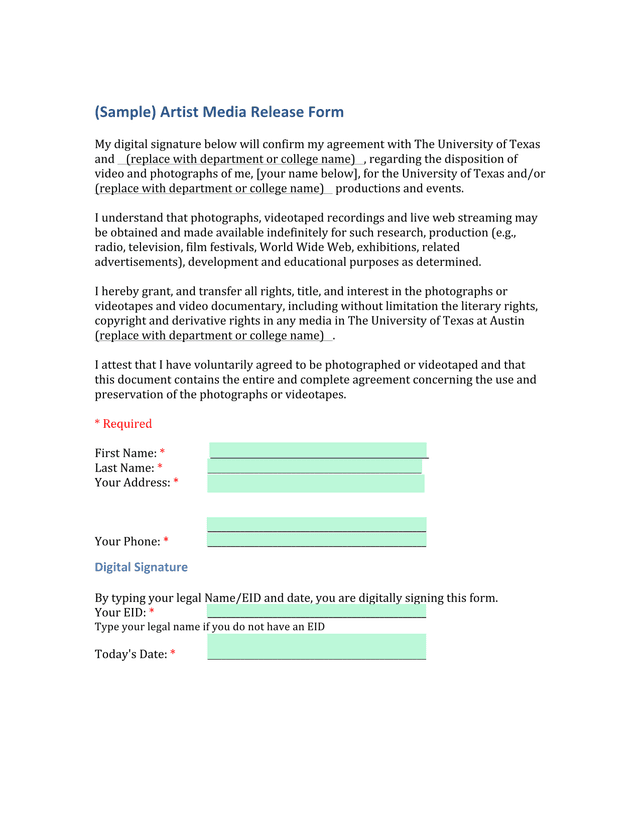 Artist Media Release Form screenshot