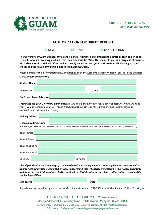 Authorization For Direct Deposit screenshot