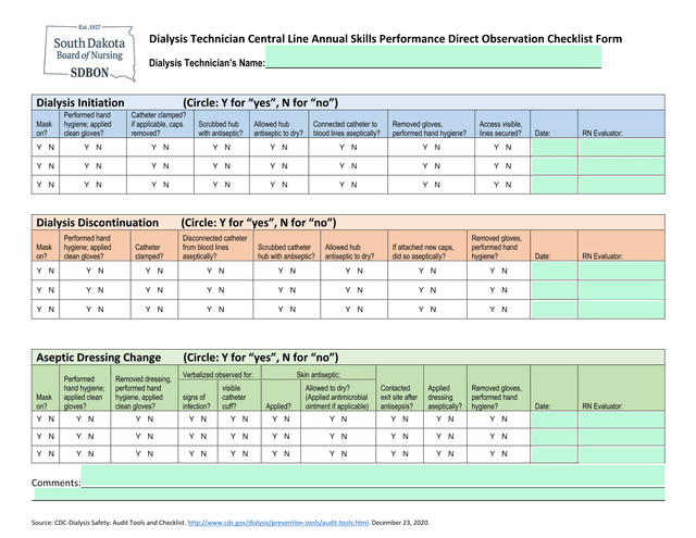 Dialysis Technician Central Line Annual Skills Performance Direct Observation Checklist Form screenshot