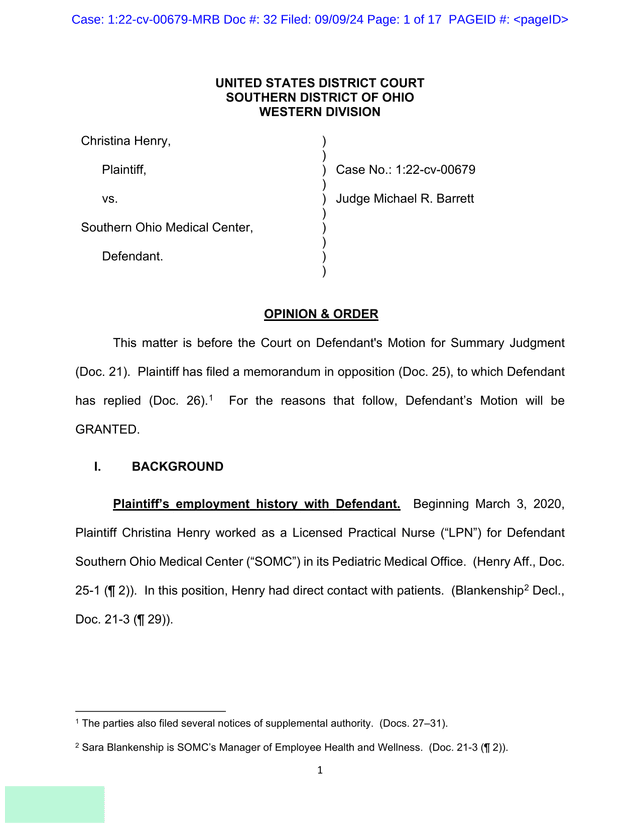 Opinion  Order   Christina Henry Vs. Southern Ohio Medical Center screenshot
