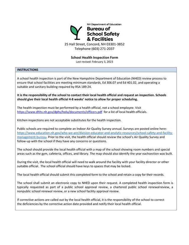 School Health Inspection Form screenshot