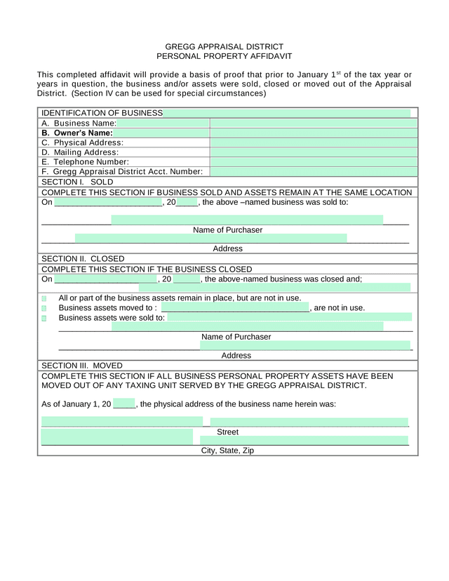 GREGG APPRAISAL DISTRICT PERSONAL PROPERTY AFFIDAVIT screenshot
