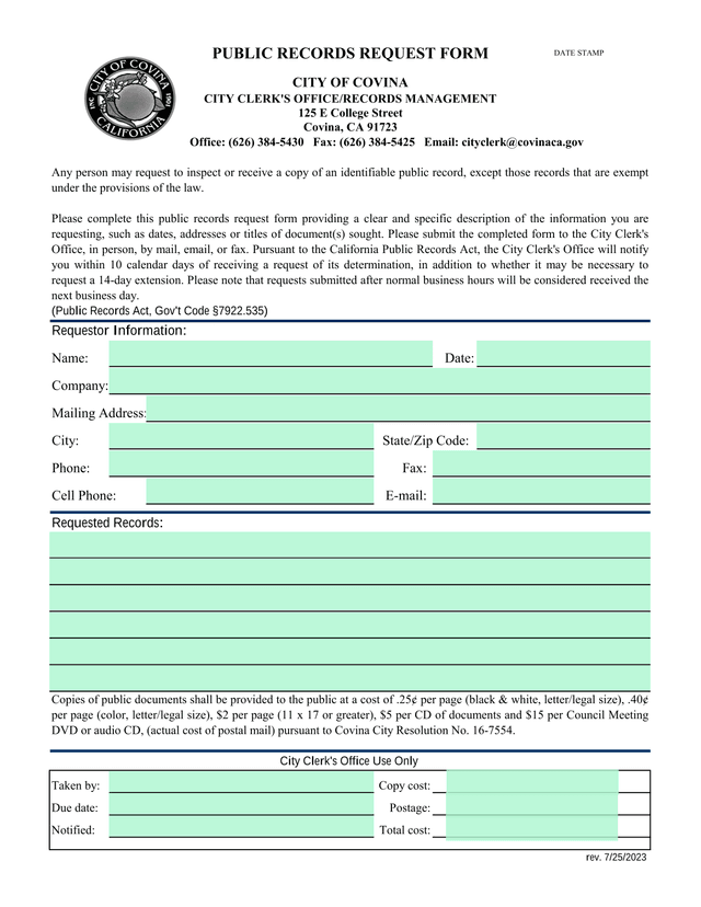 PUBLIC RECORDS REQUEST FORM screenshot