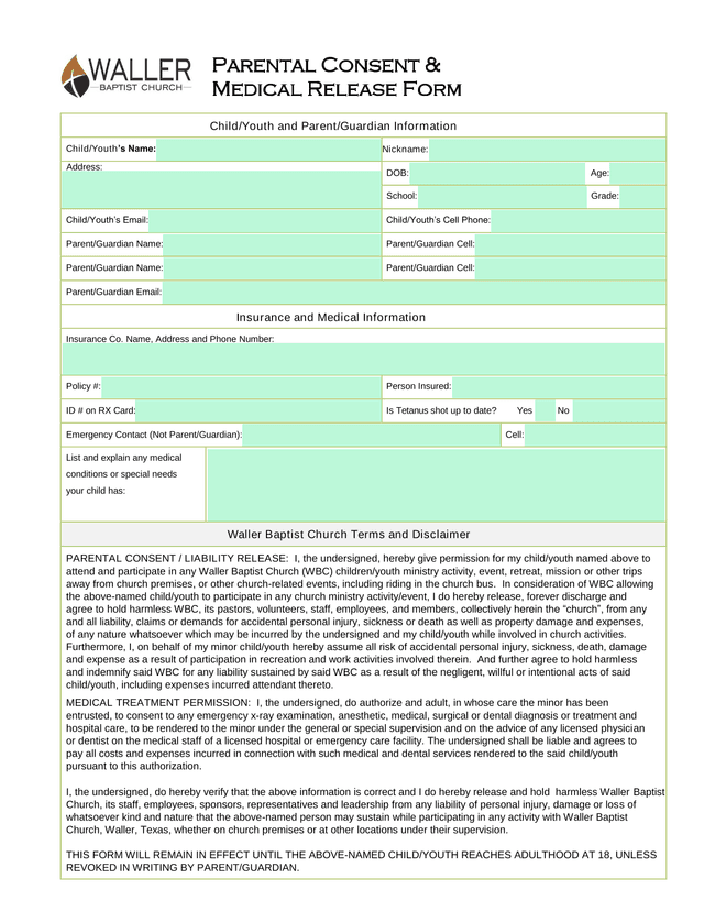 Parental Consent  Medical Release Form screenshot