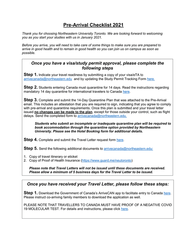 Pre Arrival Checklist 2021 screenshot