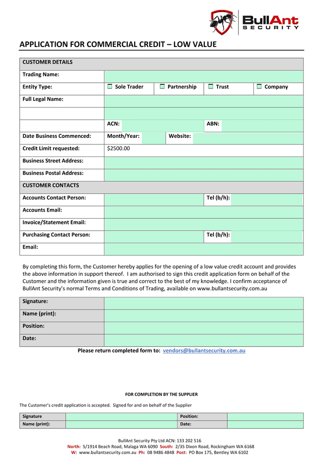 APPLICATION FOR COMMERCIAL CREDIT  LOW VALUE screenshot