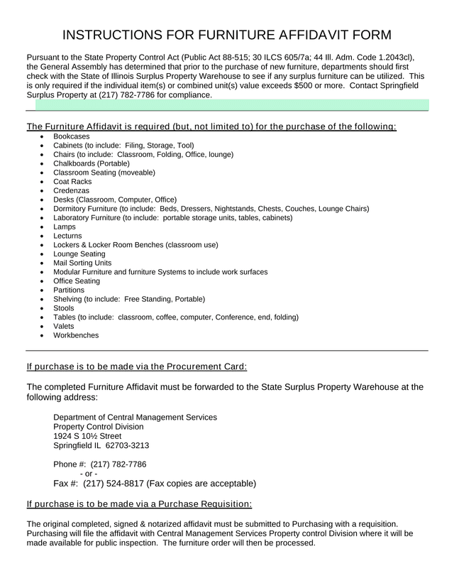 Furniture Affidavit Form Instructions screenshot