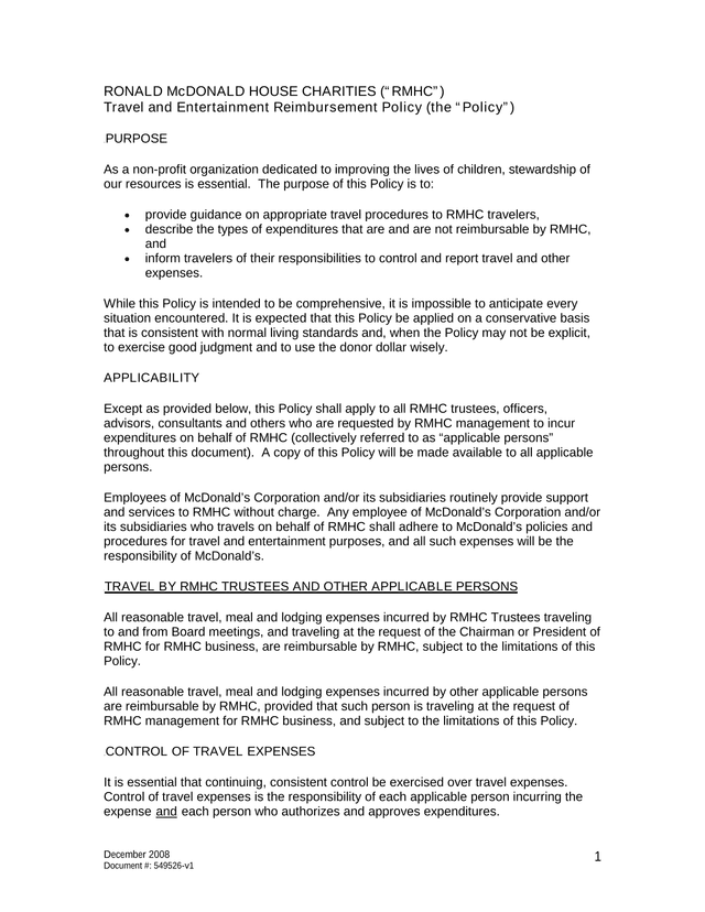 Travel And Entertainment Reimbursement Policy screenshot