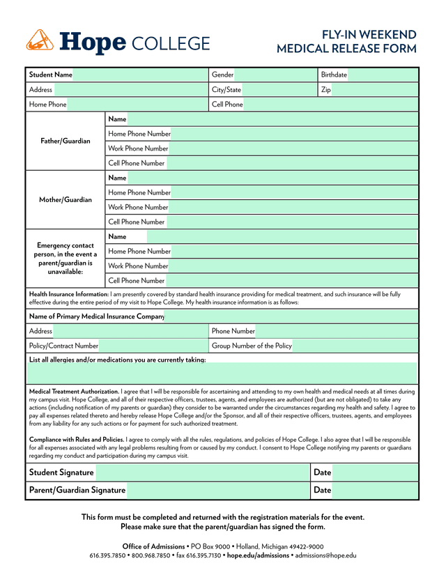 Hope College Student Contact And Health Insurance Information Form screenshot