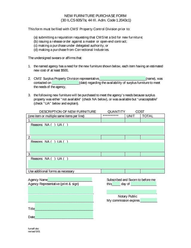 NEW FURNITURE PURCHASE FORM screenshot