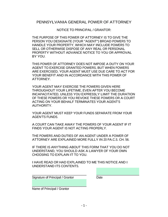 Pennsylvania General Power Of Attorney screenshot