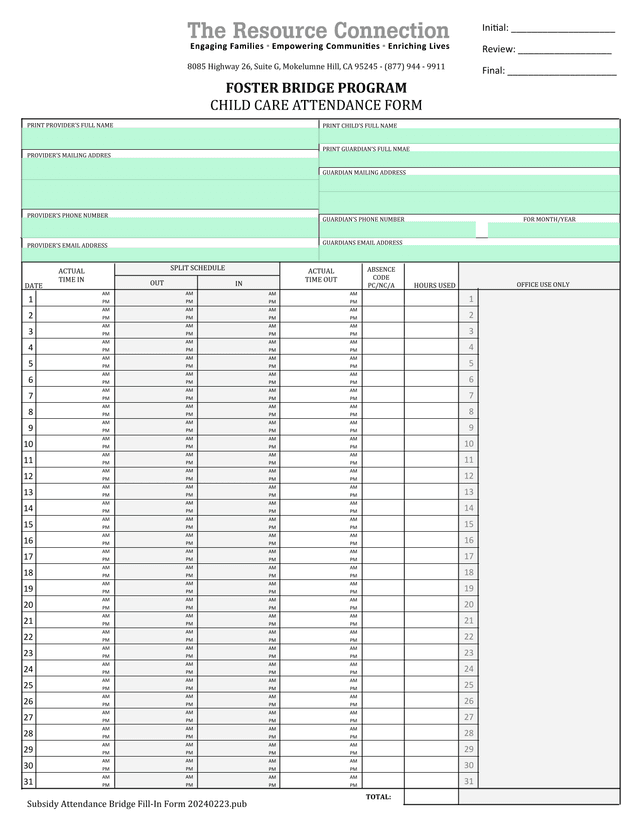 Child Care Attendance Form screenshot