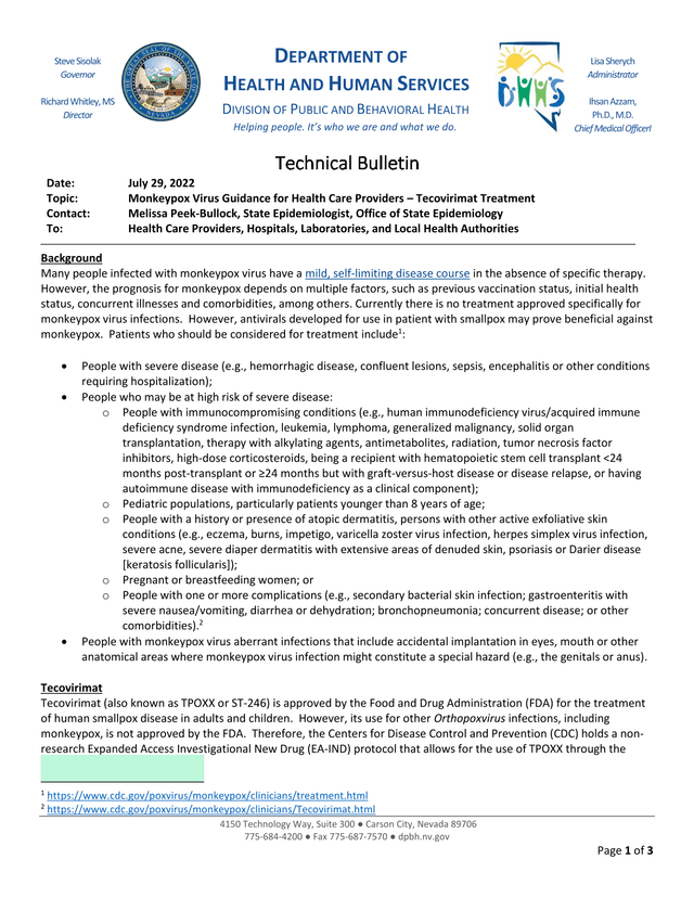 Technical Bulletin Monkeypox Virus Guidance For Health Care Providers  Tecovirimat Treatment screenshot