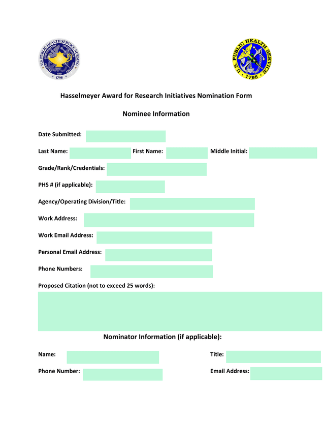 Hasselmeyer Award For Research Initiatives Nomination Form screenshot