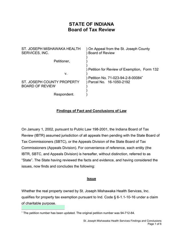 Findings Of Fact And Conclusions Of Law   St. Joseph Mishawaka Health Services, Inc. V. St. Joseph C screenshot