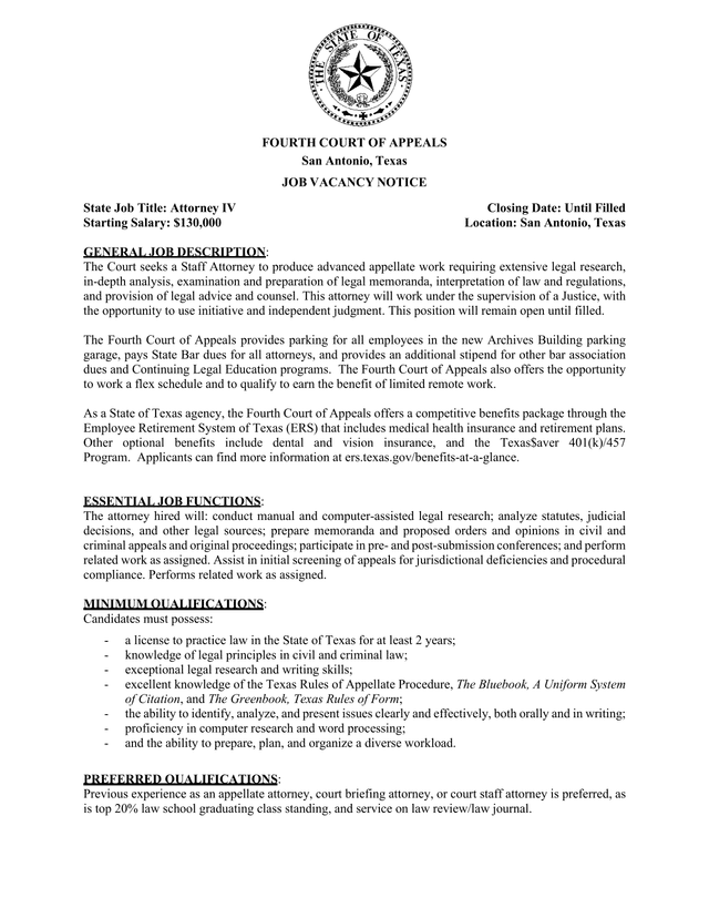 FOURTH COURT OF APPEALS JOB VACANCY NOTICE screenshot