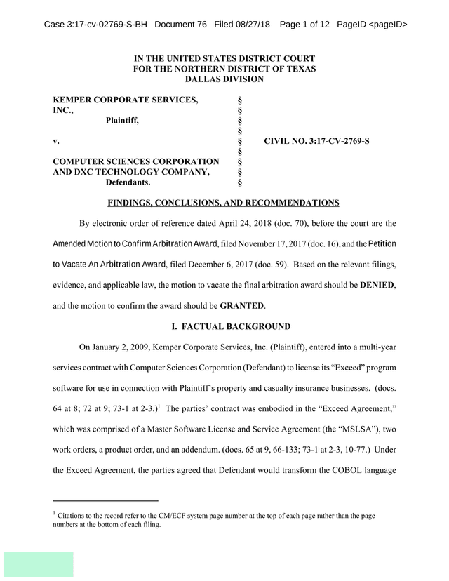 Findings, Conclusions, And Recommendations In Kemper Corporate Services, Inc. V. Computer Sciences C screenshot