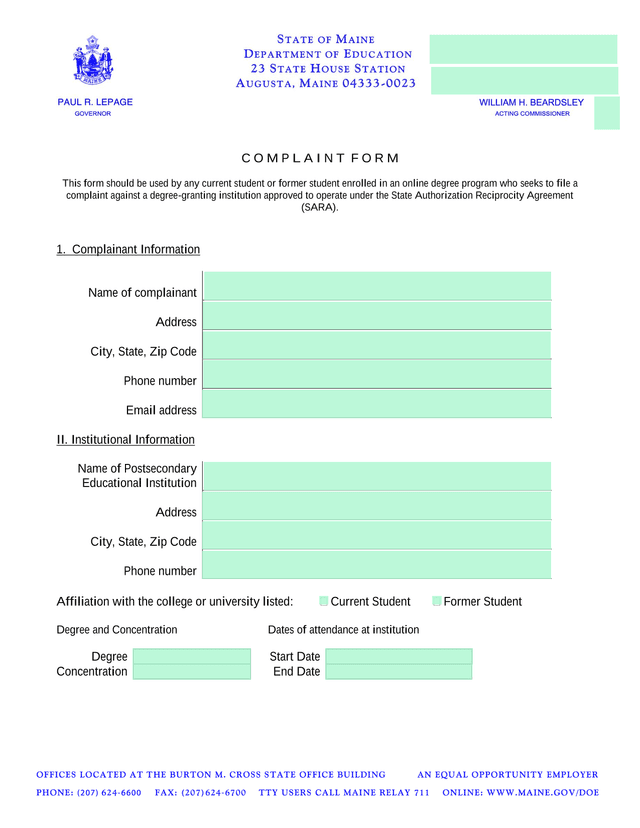 Complaint Form screenshot