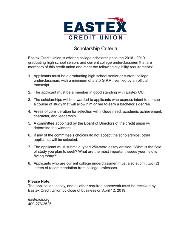 Eastex Credit Union Scholarship  Student Application screenshot