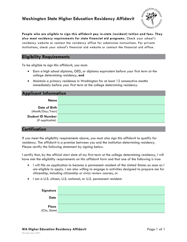 Washington State Higher Education Residency Affidavit screenshot