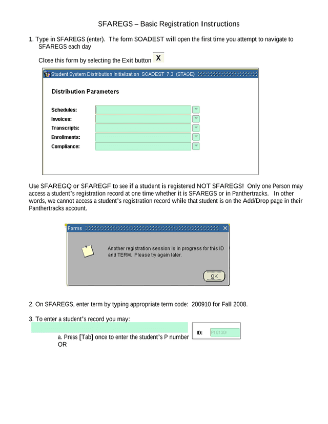 SFAREGS  Basic Registration Instructions screenshot