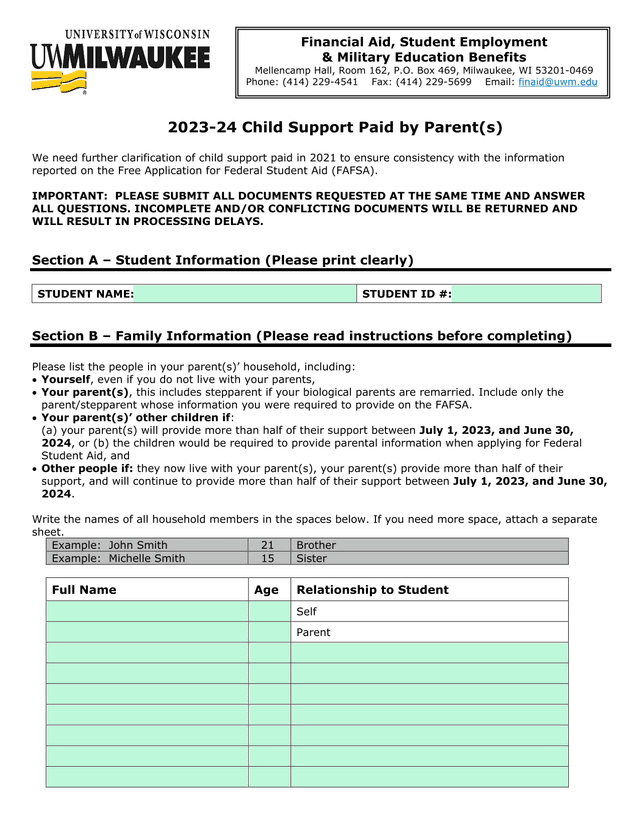 Child Support Verification Form screenshot
