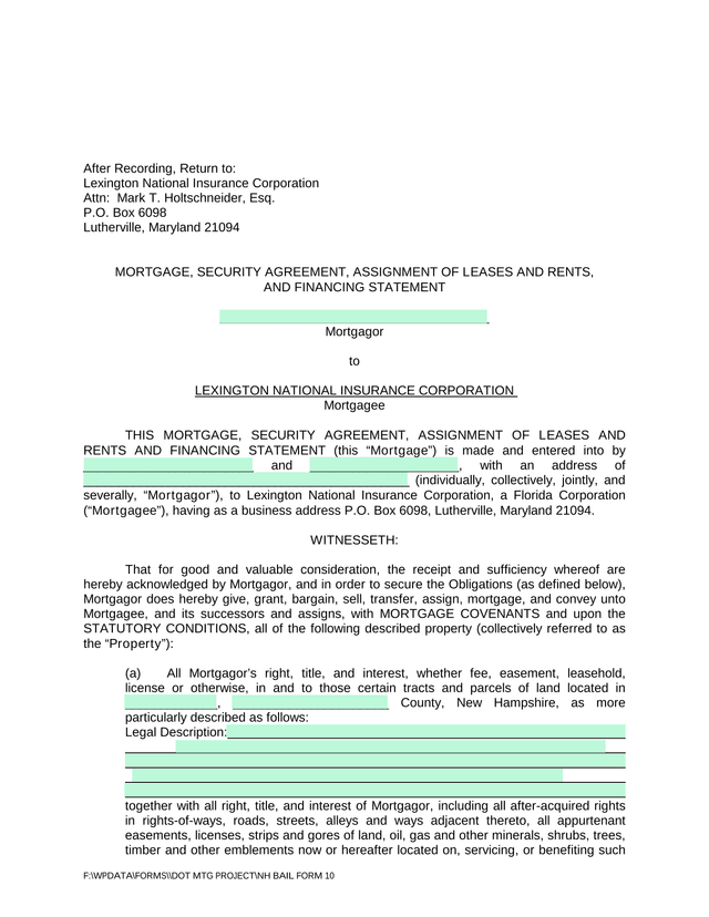 Mortgage, Security Agreement, Assignment Of Leases And Rents, And Financing Statement screenshot