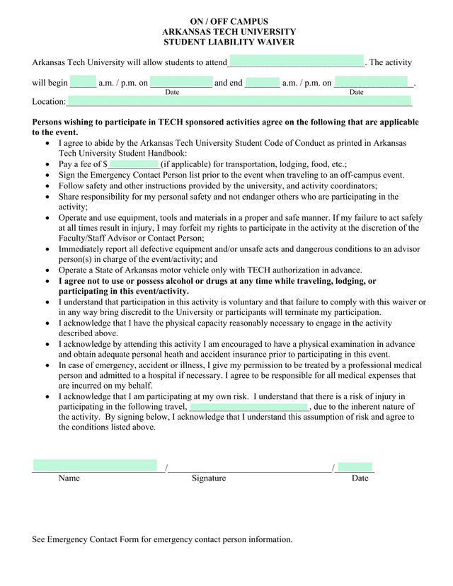 Arkansas Tech University Student Liability Waiver screenshot
