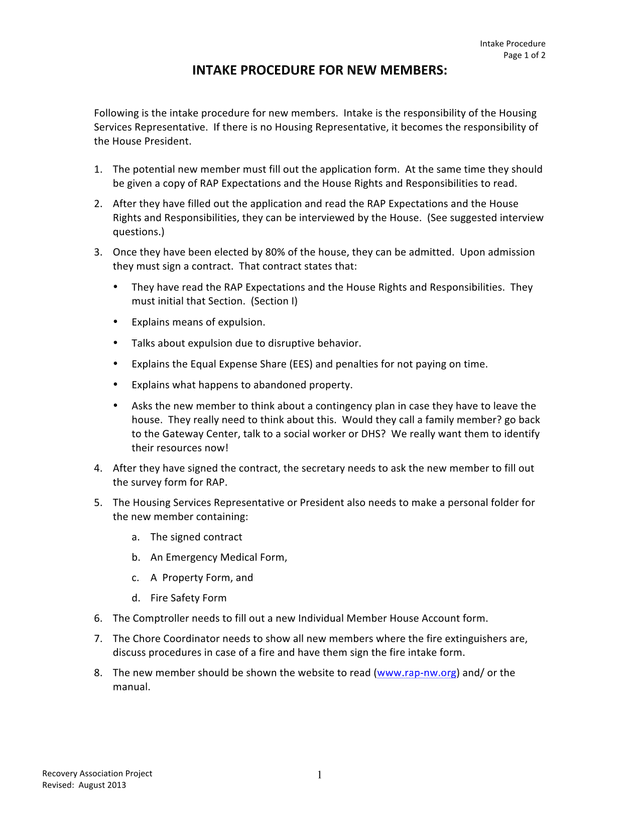 Intake Procedure For New Members screenshot