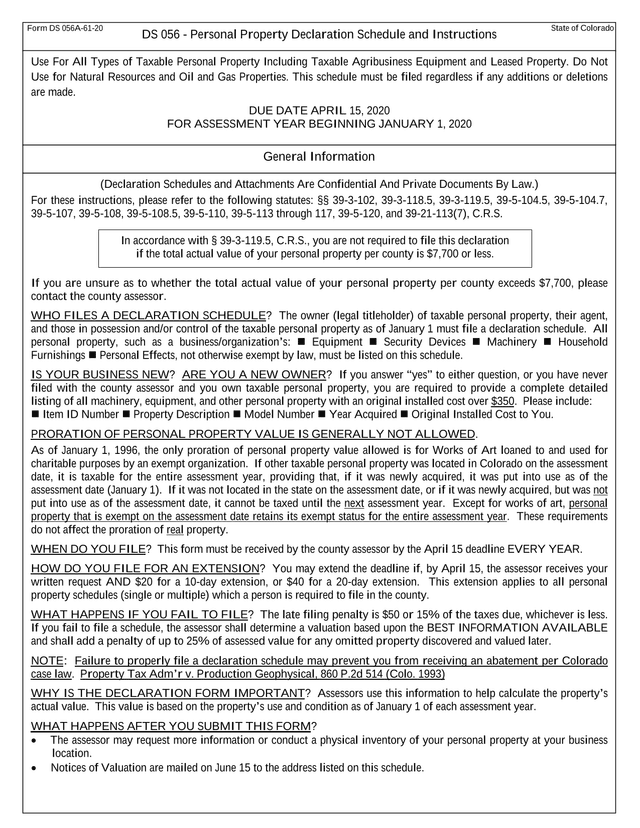 DS 056   Personal Property Declaration Schedule And Instructions screenshot