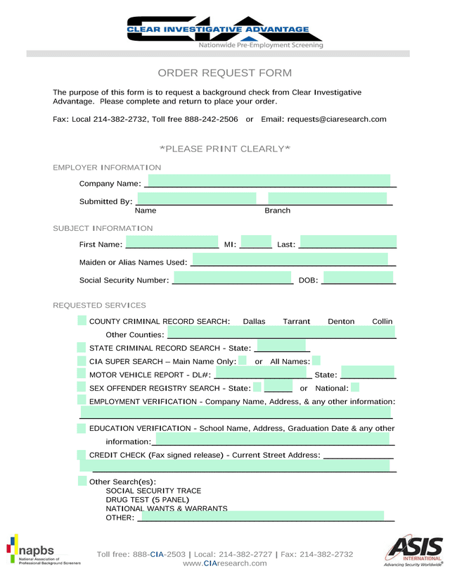 ORDER REQUEST FORM screenshot