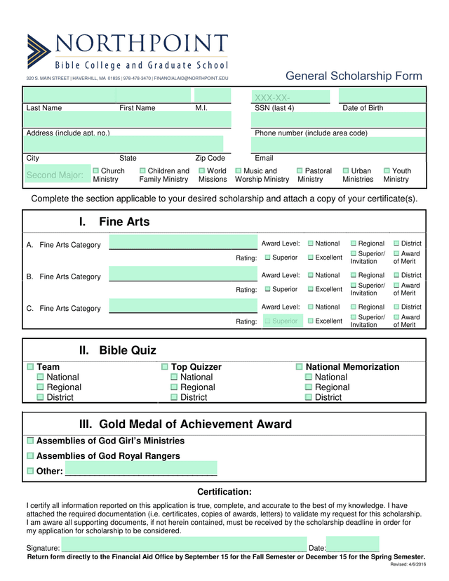 General Scholarship Form screenshot