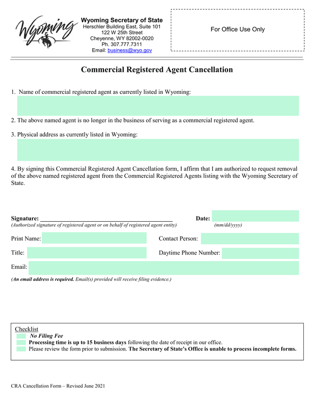 Commercial Registered Agent Cancellation Form screenshot