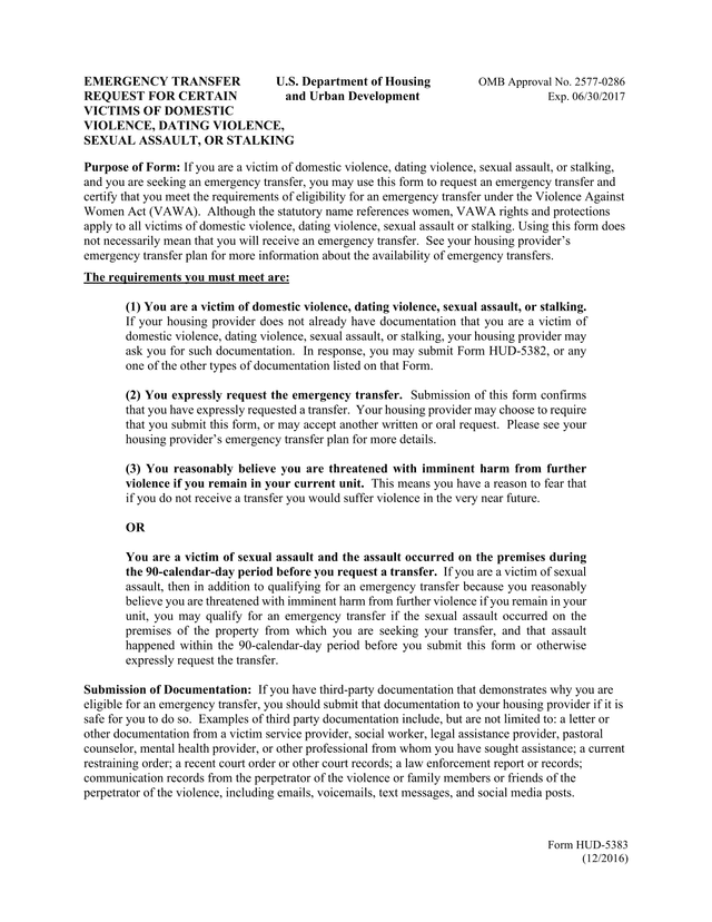 Form HUD 5383 Emergency Transfer Request For Certain Victims Of Domestic Violence, Dating Violence,  screenshot