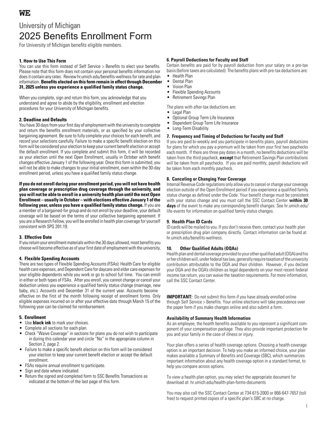 University Of Michigan Benefits Enrollment Form screenshot