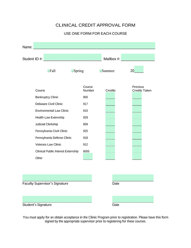 Clinical Credit Approval Form screenshot