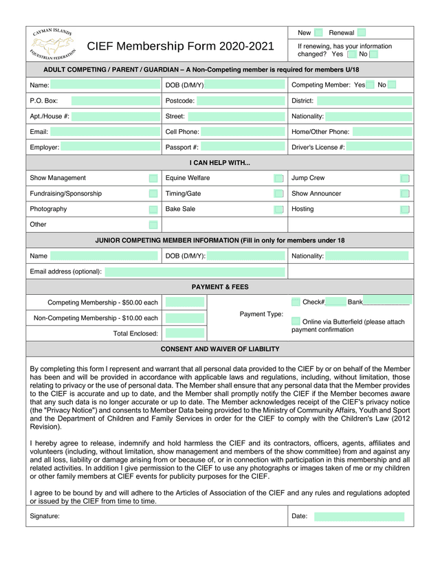 CIEF Membership Form 2019 2020 screenshot