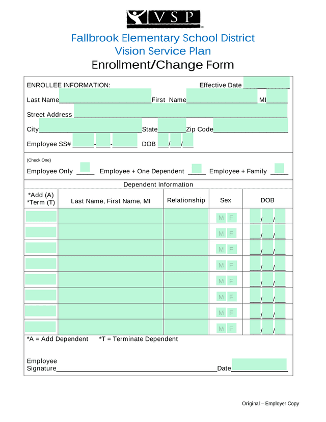 Vision Service Plan EnrollmentChange Form screenshot